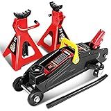 DNA Motoring 2 Ton Car Jack and Stands Kit 2T(4000 lbs) Capacity Low Profile Hydraulic Trolley Service/Floor Jack with 2 Ratchet Stands Combo for Home Garage Shop, Red/Black, TOOLS-00280