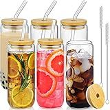 SENTVEND 20 Oz Drinking Glasses with Bamboo Lids and Glass Straw - 6 Pcs Glass Cups Beer Ice Coffee Glasses Cute Aesthetic Cup Great for Coffee Bar Accessories Include 2 Cleaning Brushes