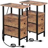LOAKEKEL Narrow Nightstand with Charging Station, End Tables Living Room Set of 2, Skinny Side Table with Fabric Drawers, Slim Sofa Table for Bedroom, Small Spaces, Couch, Rustic Brown, HETNDP02PBR