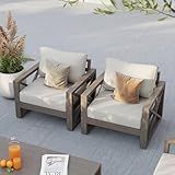 Amopatio Aluminum Patio Furniture Set, 2 SingleChairs Modern Metal Outdoor Furniture, Faux Wood Grain Finish Frame Patio Sofa Sets with 6" Cushion for Backyard(Included Waterproof Covers)