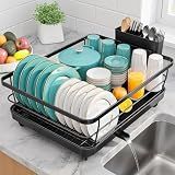 Sakugi Dish Drying Rack - Stainless Steel Dish Rack with Drainboard for Kitchen Counter and Sink, 15.6" D x 12" W x 5" H, Black
