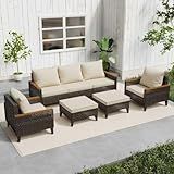 Xmkmvk 7 Piece Patio Sectional Sofa Furniture Set, All-Weather Wicker Rattan Outdoor Conversation Set with High Back and Thick Cushions, for Garden, Porch, Poolside, Beige