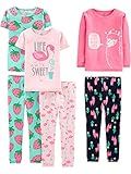 Simple Joys by Carter's Girls' 6-Piece Snug Fit Cotton Pajama Set, Green Strawberries/Pink Flamingo/Rose Llama Print/Navy