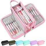 Sooez Large Pencil Case, Big Capacity Pencil Pouch Pen Bag with 3 Compartment, Portable Canvas Stationery Organizer with Zipper, Cute Aesthetic School Supplies for Teen Girls College, Pink with Plaid