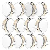 Lukmaa 12 Pcs Tambourine Drum Bulk for Adults Hand Held Percussion Gift Operation Christmas Bulk Items Wood Metal Jingles Musical Educational Drum Instrument for Church Wedding Party Games(White)