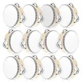 Lukmaa 12 Pcs Wedding Tambourine Drum Bulk for Adults Hand Held Percussion Gift Christmas Wood Metal Jingles Musical Educational Drum Instrument for Church Wedding Party Games(White,4 Inch)