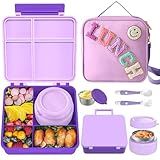 Aimsnk Kids Bento Lunch Box with 8oz Soup Thermo, Kids Leakproof Lunch Food Containers with 4 Compartment,Insulated Hot Food Jar with Lunch Bag for School, Travel (Purple)
