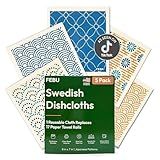 FEBU Swedish Dishcloths for Kitchen | 5 Pack Japanese Reusable Paper Towels Washable | Swedish Dish Towels | Non-Scratch Cellulose Sponge Cloths | No Odor, Biodegradable Cleaning Cloths