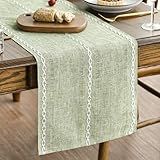 Artoid Mode Sage Green Rustic Cotton Linen Table Runner, Seasonal Embroidered Hollow Kitchen Dining Table Decoration for Home Party Decor 13x72 Inch