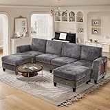 MALOL 118" Sectional U-Shaped Cloud Couch, Modular Modern 4-Seat Sofa, with USB Type C Ports, Foldable Side Table and 2 Ottomans, for Home Living Room, Grey
