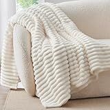 BEDELITE Fleece Throw Blanket for Couch - 300GSM Soft & Warm Fluffy Cream White Blanket, Decorative and Giftable Striped Blankets for Women, Men, 50"x60"