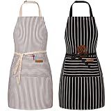 BeLuyi 2 Pack Adjustable Bib Apron with 2 Pockets Chef Cooking Kitchen Restaurant Aprons for Women Men (Black/Brown Stripes)