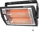 Comfort Zone 1500W Ceiling Mounted Dual Quartz Radiant Heater – Infrared Workshop Heater with 90° Adjustable Tilt, Built-in Halogen Light & Pull String Control – Overheat Protection, Black