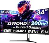SANSUI 34 Inch UWQHD 200HZ Curved Gaming Monitor, FastVA 3440x1440P Ultrawide 1500R Curved Gaming Computer Monitor 21:9 with PIP PBP, AI Tech Enhance, 2xHDMI2.1 DP1.4 Ports(HDMI2.1 Cable Incl.)