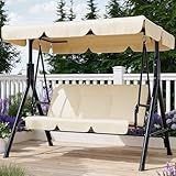 Garvee Outdoor Porch Swing with Adjustable Canopy, 3-Seat Patio Swing Chair with Stand, Heavy Duty Outdoor Swing for Adults, Metal Frame Patio Swing for Garden, Backyard & Poolside,Khika