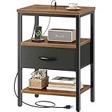 SUPERJARE Nightstand with Charging Station, Bed Side Table with Adjustable Fabric Drawer, Night Stand for Bedroom, 3-Tier Storage End Table, for Living Room, Rustic Brown and Black