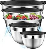 DUTZUN Mixing Bowls with Lids Set, Stainless Steel Mixing Bowls with Colander, Strainer with Mixing Bowl Set, Serving Bowl Kitchen Gift, Size 4.5, 2.5, 2, 1.5QT - Black