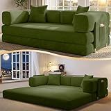 CUBENTE 78.8" Convertible Sofa Bed,Corduroy Futon Couch with Storage Pocket,Folding Pull Out Futon Sofa,No Assembly Boneless Couch for Living Room,Green