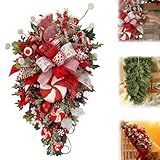 Christmas Swag Candy Cane Wreath, Teardrop Wreath with Bow, Vibrant Ornament Balls for Front Door Christmas Decorations, Perfect for Indoor Outdoor Use, Festive Holiday Decor (1pc)