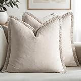 MIULEE Decorative Throw Pillow Covers Neutral Linen Fringe Throw Pillows Set of 2 Natural Beige Boho Farmhouse Cushion Covers with Tassels for Couch Sofa Bed Spring Home Decor 20x20 Inch