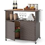 HAPPYGRILL Outdoor Storage Cabinet with Wheels, PE Rattan Patio Buffet Sideboard Bar Cart for Garden, Backyard & Poolside