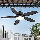 42 Inch Waterproof Outdoor Ceiling Fan with Lights and Remote,IP65 Hanging Gazebo Fan with 3CCT 6-Speed DC Motor,Black Wet Rated Plug in Ceiling Fan with Cord for Patios Porch Pergola