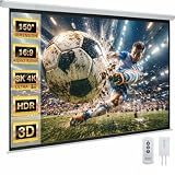 YODOLLA Motorized Projector Screen 150 inch 16:9 White, Electric Auto Pull Down Movie Screen with Remote, 4K 8K HD 3D Ready, Wall Ceiling Mount for Home Theater Backyard Patio Outdoor Indoor