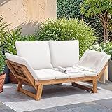 Devoko Outdoor Couch Acacia Wood Patio Couch with Adjustable Armrests, Outdoor Convertible Sofa with Removable Cushions & Pillows for Patio, Porch, Poolside(White)