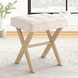 LUE BONA Square Linen Makeup Stool, Metal X Legs, Small Ottoman Stool Chair for Vanity, Modern Padded Seat Foot Rest for Makeup Room, Bathroom
