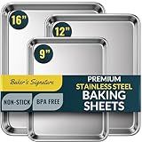 Baker’s Signature Stainless Steel Cookie Sheet Pan, Stainless Steel Baking Sheet Set of 3, Mirror Finish, Non-Stick, Rust Resistant, BPA Free, Dishwasher Safe, 9/12/16 Inch