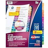 Avery 12 Tab Dividers for 3 Ring Binders, Customizable Table of Contents, Multicolor Tabs, 6 Sets (11196)