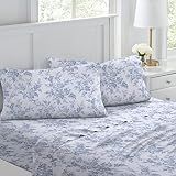 Laura Ashley - Flannel Sheets Full Size, Anti-Pilling & Wrinkle Resistant Cotton, Touchably Soft for All-Season Comfort - Bed Sheets with Matching Pillowcases & Fitted Sheet (Vanessa Blue)