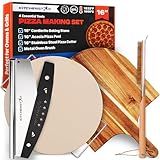 KitchenStar 16-inch Pizza Making Set, 6 PCS - Pizza Stone + Stainless Steel Rack, Acacia Wood Pizza Peel, Pizza Cutter Rocker + Protective Cover, Metal Brush - Oven & Grill Accessories Kit