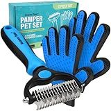 Maxpower Planet Pet Grooming Brush and 2X Grooming Gloves Combo - Double Sided Dematting, Deshedding Undercoat Rake for Dogs and Cats - Reduce Shedding Easily - Blue