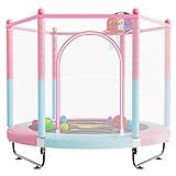 60" Trampoline for Kids, 5 FT Toddler Baby Trampoline with Safety Enclosure Net, Indoor or Outdoor Pink/Blue Small Trampolines with Basketball Hoop, Birthday Gifts for Kids, Gifts for Girl Age 3-8