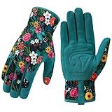 Trifabricy Garden Gloves for Women - Breathable leather Floral Gardening Gloves with Grip, Thorn-Proof Puncture-Resistant Work Gloves for Weeding, Digging, Planting, Raking and Pruning, Green Flower