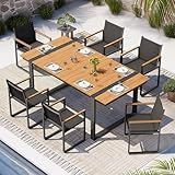 Oasbira Outdoor Dining Set, HDPS + Aluminum Patio Table and Chairs Set with U-Shaped Base, 7 Piece Outdoor Furniture Set with Umbrella Hole, Patio Dining Table Set for Garden, Backyard (Gray-Teak)