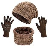 MAYLISACC Winter Slouchy Beanie Hat Fleece Skull Cap with Scarf Neck Warmer and Tech Glove 3 Pcs Set for Ski Khaki