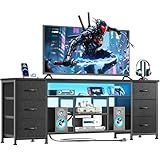 Furologee LED TV Stand for 65, 70 Inch TV, 63 Inch Entertainment Center with Power Outlets, 6 Fabric Drawers Dresser for Bedroom, Media Console with Open Shelves, PU Leather Surface, Black