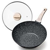 CAROTE Non Stick Wok with Lid 12''/5.3QT Woks & Stir-fry Pans Nonstick Granite Wok Pan Induction Cookware Deep Frying Pan, Compatible with All Stovetops