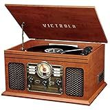 Victrola The Quincy 6-in-1 Bluetooth Record Player & Multimedia Center with Built-in Speakers – 3-Speed Turntable, CD & Cassette Player, FM Radio, Wireless Music Streaming (Mahogony)