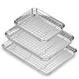 Stainless Steel Cookie Sheets, Baking Sheet Pan Set of 3 with Wire Cooling Rack, Non Stick and Heavy Duty and Easy Clean, 9/12/16 Inch