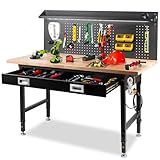 MUWOOD 60" Workbench with Drawers, Work Benches for Garage with Strip Light, Adjustable Work Table with Large Pegboard, 2000 LBS Heavy Duty Table with Power Outlet Rubber Wood for Garage, Office
