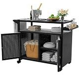 Xilingol Outdoor Bar Table, Wicker Bar Cart with Cabinet, Patio Serving Cart with Tempered Glass Top, Lockable Wheels, Rounded Handle & Side Basket for Garden, Poolside & Backyard, Black