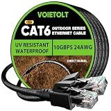 VOIETOLT Cat 6 Outdoor Ethernet Cable 100 ft, 24AWG 10Gbps Cat6 Cable Cord Waterproof Direct Burial LLDPE UV Jacket, Internet Network Cable with 20 Ties Support POE Cat6 Cat5e Cat5, CCA, UTP for PC