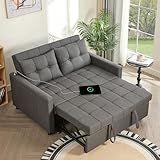 52" Sleeper Sofa with Pull-Out Bed, 3-in-1 Convertible Sofa Bed, Loveseat with Stepless Adjustable Backrest and Side Pocket, for Living Room Dorm Apartment, Linen, Dark Gray