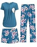 Ekouaer Nursing Pajamas Maternity Lounge Set Postpartum Outfits Breastfeeding Shirts Pregnancy Shorts & Pants Floral Teal L