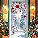 Nuxovilar Snow Scene Door Cover with Red Accents Background Winter Xmas Holiday Wonderland Decorations Party Supplies Hanging Banner for Home, Office, Indoor & Outdoor Use (35x71 Inches)