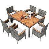Shintenchi 7 Pieces Patio Dining Set, Wicker Patio Furniture Set with Soft Cushions and Wood Table Top, Outdoor Dining Table and Chairs for Backyard, Deck and Garden, Grey Rattan
