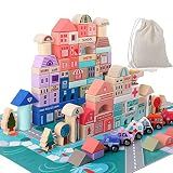 Migargle Wooden Building Blocks Set, 115 Pcs City Construction Stacker Stacking Preschool Learning Educational Toys, Toddler Toys for 3+ Year Old Boy and Girl Gifts